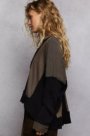 POL Color Block Waffle Knit Raw Hem Sweatshirt on Simply Obsessed