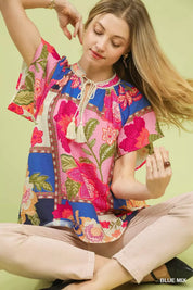 UMGEE Mix Floral Patchwork Tassel Tie Top on Simply Obsessed