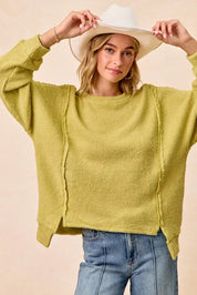 BIBI Boucle Rib Knit Uneven Hem Sweater With Open Seam on Simply Obsessed