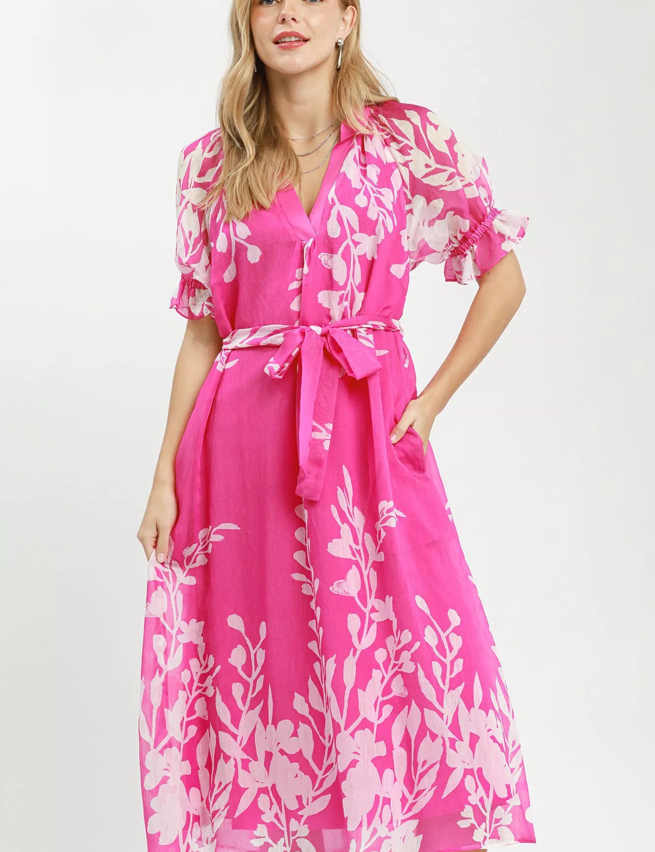 UMGEE Floral Print Tie Waist Midi Dress with Side Pockets on Simply Obsessed