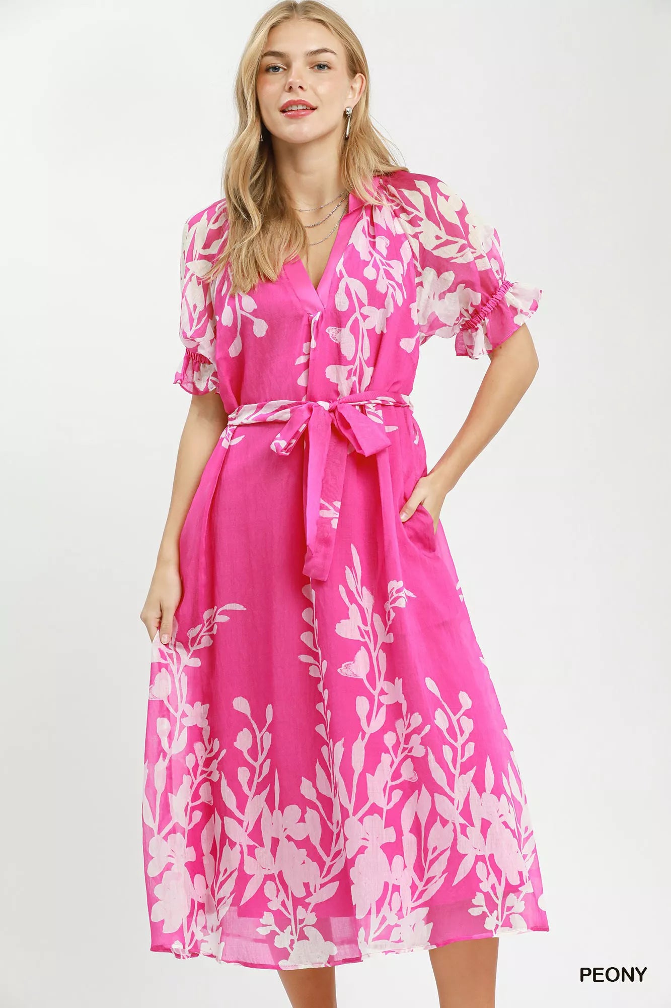 UMGEE Floral Print Tie Waist Midi Dress with Side Pockets on Simply Obsessed