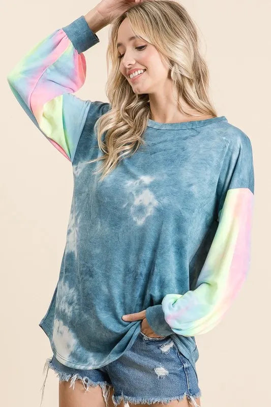 BiBi Tie Dye French Terry Top With Contrast Tie Dye on Simply Obsessed