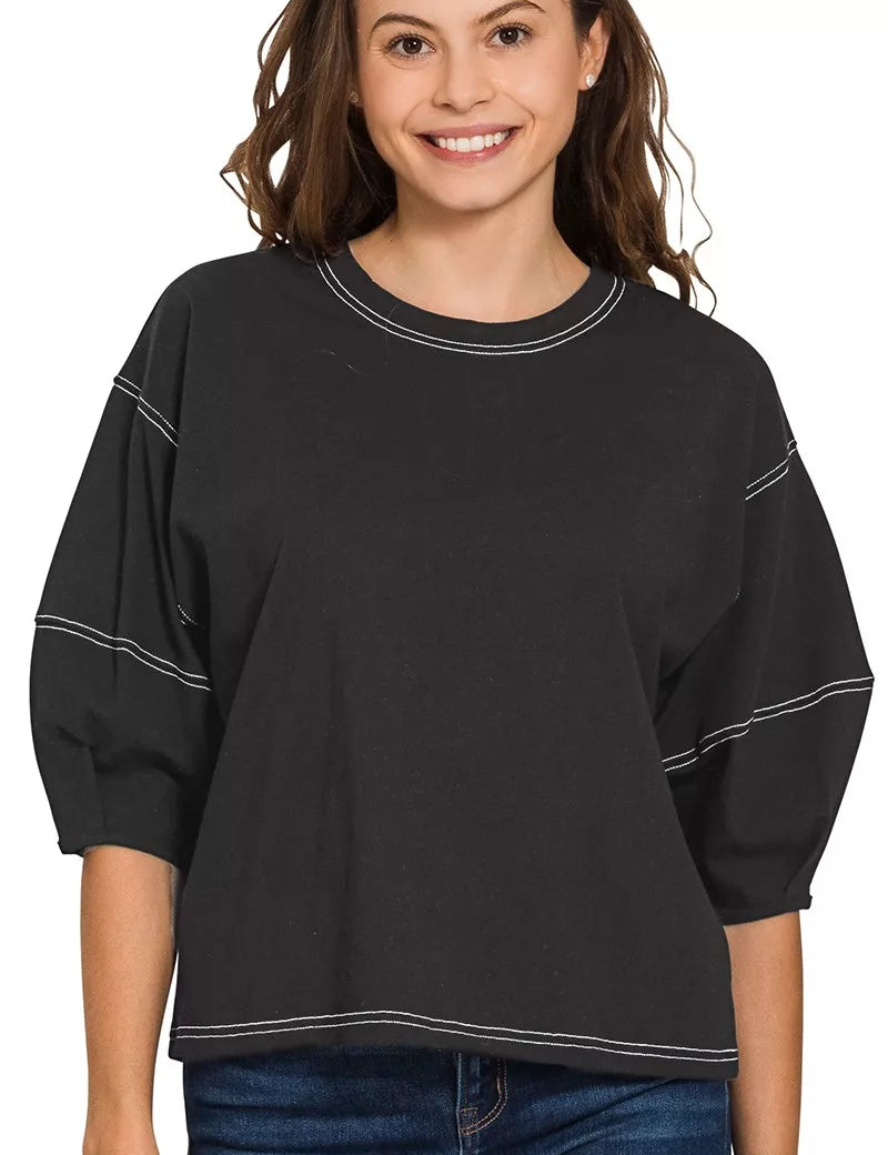 ZENANA Balloon Sleeve Top with Contrast Stitching on Simply Obsessed