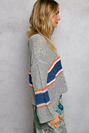 POL V-Neck Striped Pattern Cropped Knit Top with Cable Knit Detail on Simply Obsessed