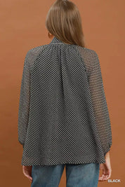 UMGEE Dot Print Tie Neck Long Sleeve Blouse on Simply Obsessed