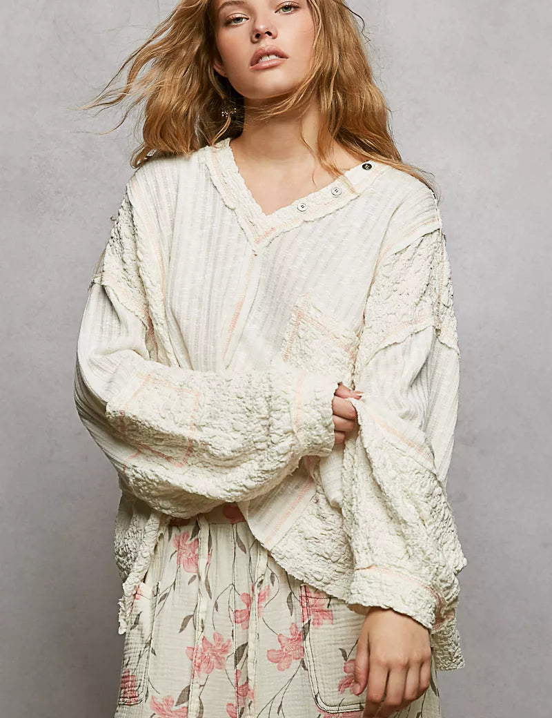 POL V-Neck Long Sleeve Top with Stitch Detail on Simply Obsessed