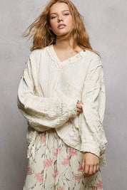 POL V-Neck Long Sleeve Top with Stitch Detail on Simply Obsessed