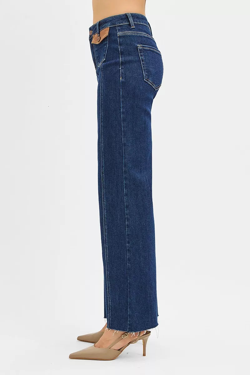 RISEN High Rise Wide Flare Jeans with Front Leather Pocket Detail on Simply Obsessed