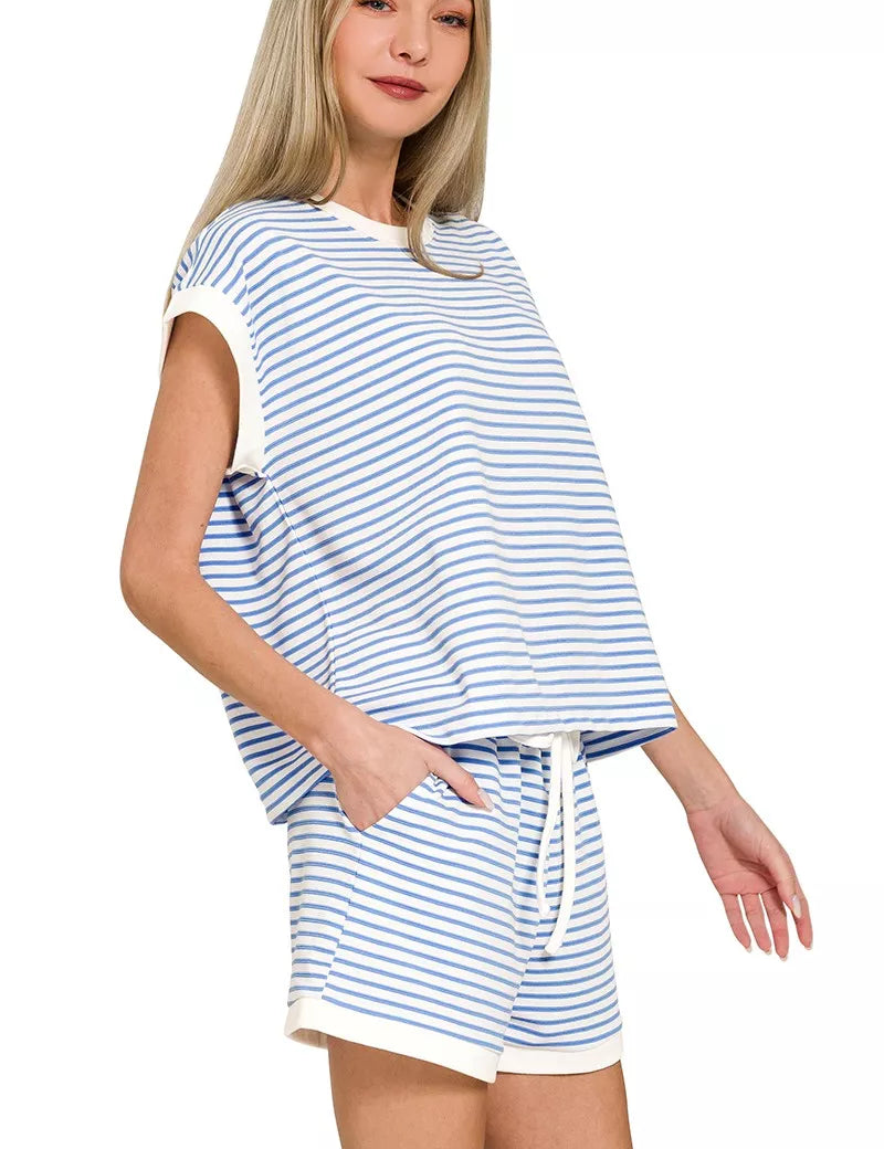 ZENANA Stripe Contrast Trim Top & Shorts Set on Simply Obsessed