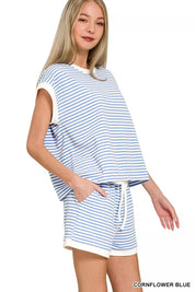 ZENANA Stripe Contrast Trim Top & Shorts Set on Simply Obsessed