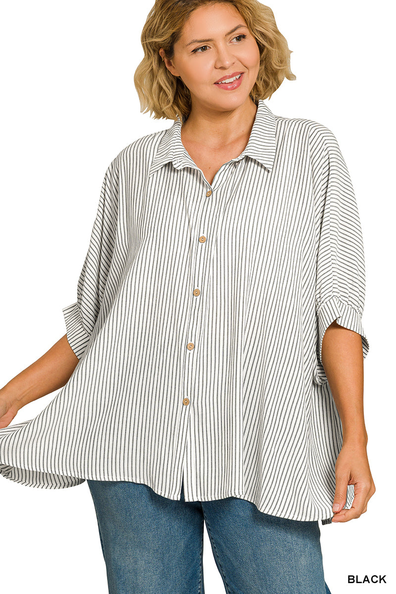 ZENANA Full Size Woven Stripe Button Down Boxy Shirt Plus Size on Simply Obsessed