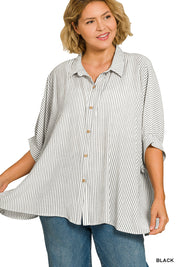 ZENANA Full Size Woven Stripe Button Down Boxy Shirt Plus Size on Simply Obsessed