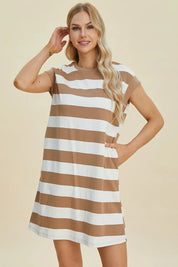 BASIC BAE Full Size Striped Round Neck Cap Sleeve Mini Dress on Simply Obsessed