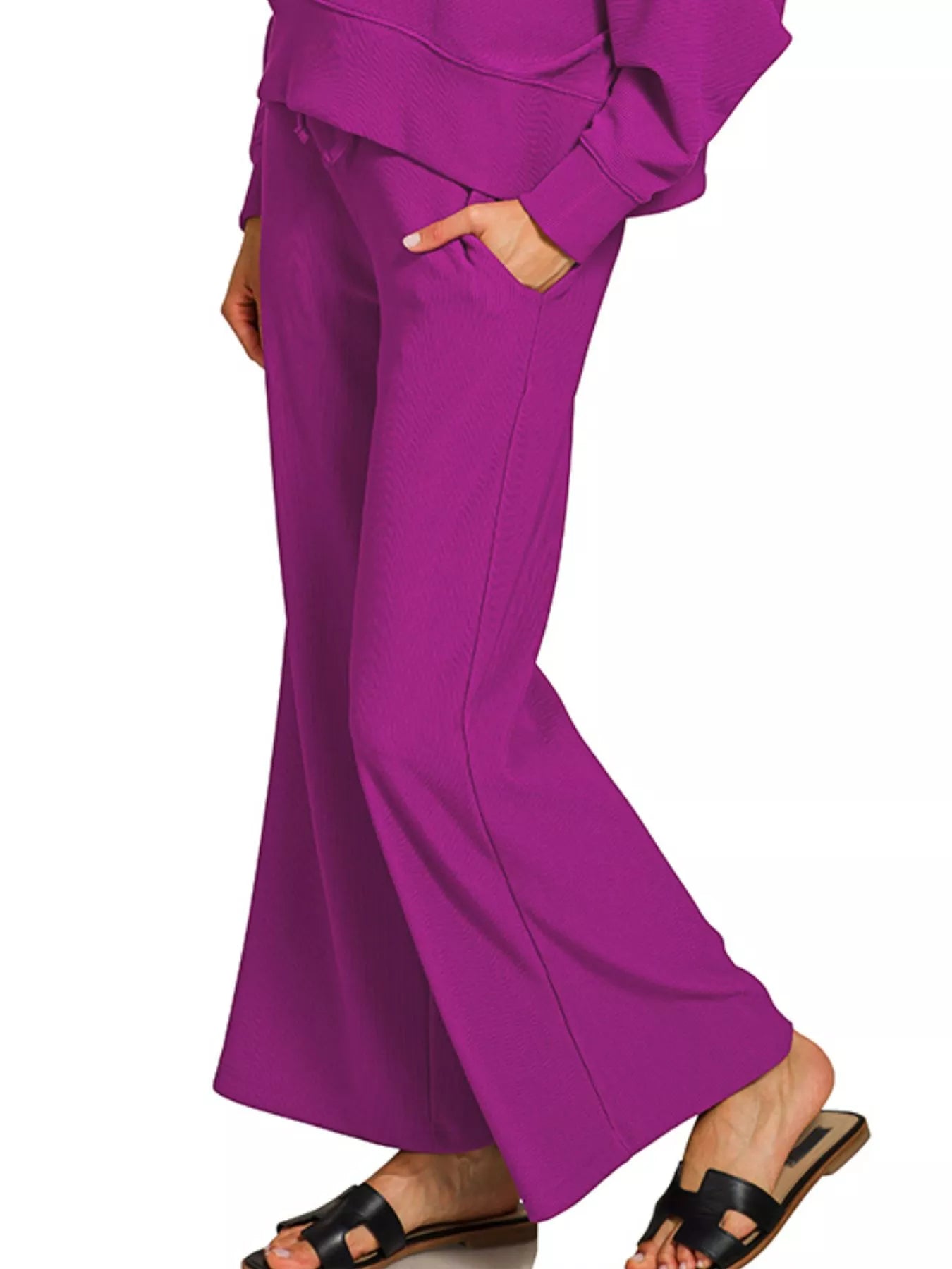 ZENANA Ribbed Round Neck Pullover and Drawstring Pants Set on Simply Obsessed