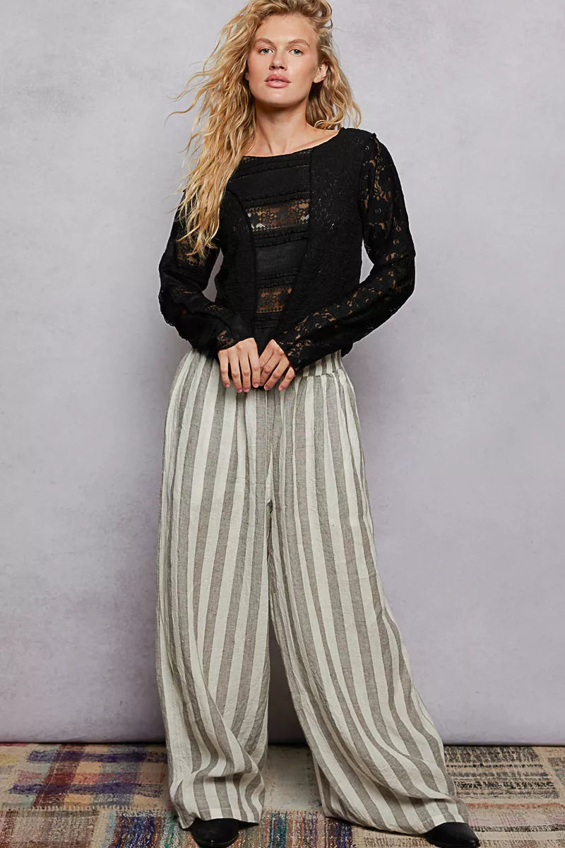 POL Round Neck Long Sleeve Exposed Seam Top with Lace Detail on Simply Obsessed