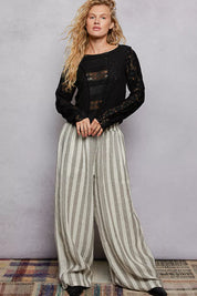 POL Round Neck Long Sleeve Exposed Seam Top with Lace Detail on Simply Obsessed