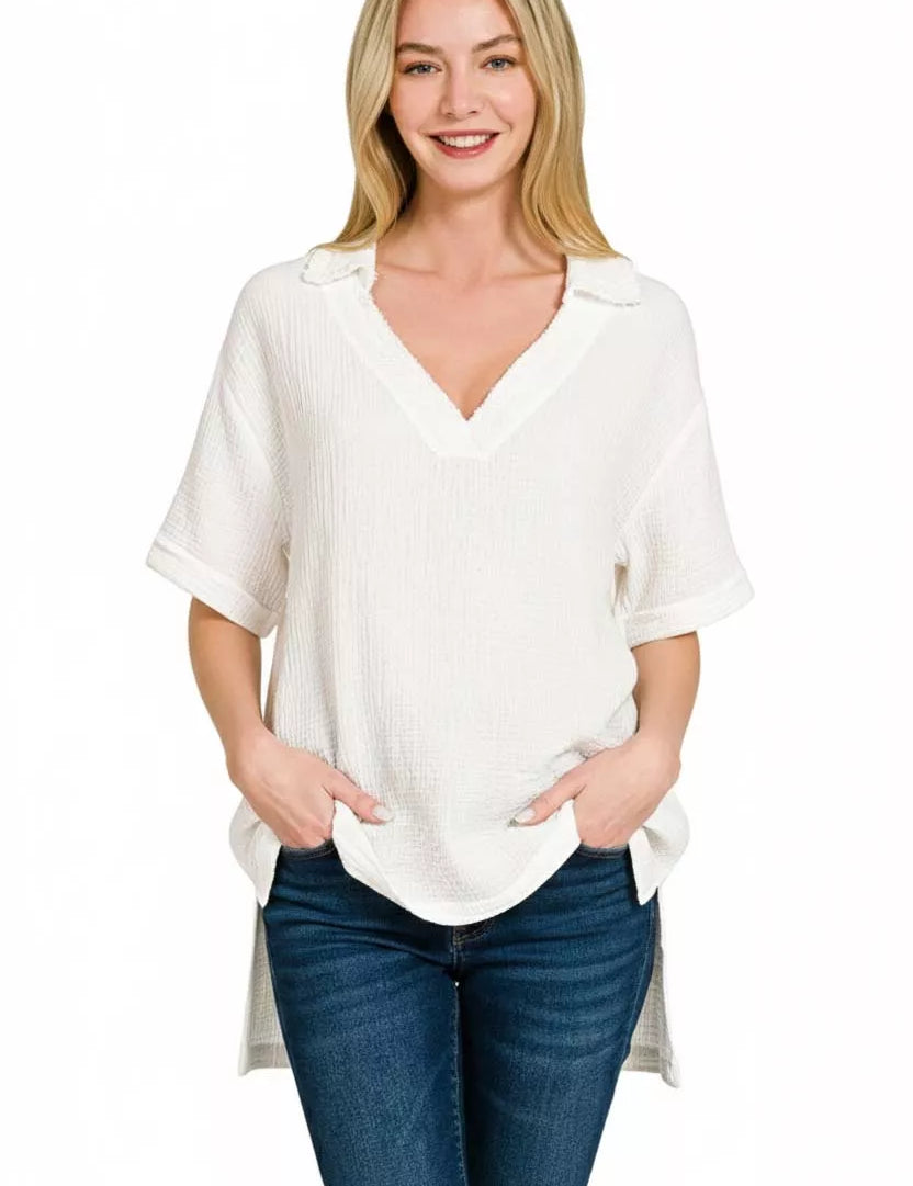 Zenana Double Gauze Short Sleeve High-Low Top on Simply Obsessed