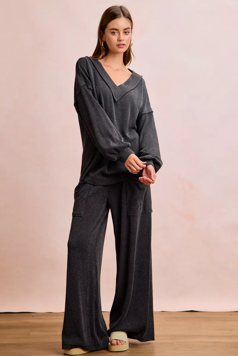 BIBI Two Tone Cord Rib Contrast Stitching V-Neck Top and Pants Set on Simply Obsessed