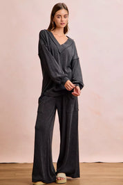 BIBI Two Tone Cord Rib Contrast Stitching V-Neck Top and Pants Set on Simply Obsessed