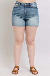 JUDY BLUE Full Size High Waist Star Seam Detail Denim Shorts Plus Size on Simply Obsessed