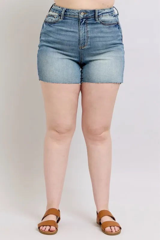 JUDY BLUE Full Size High Waist Star Seam Detail Denim Shorts Plus Size on Simply Obsessed