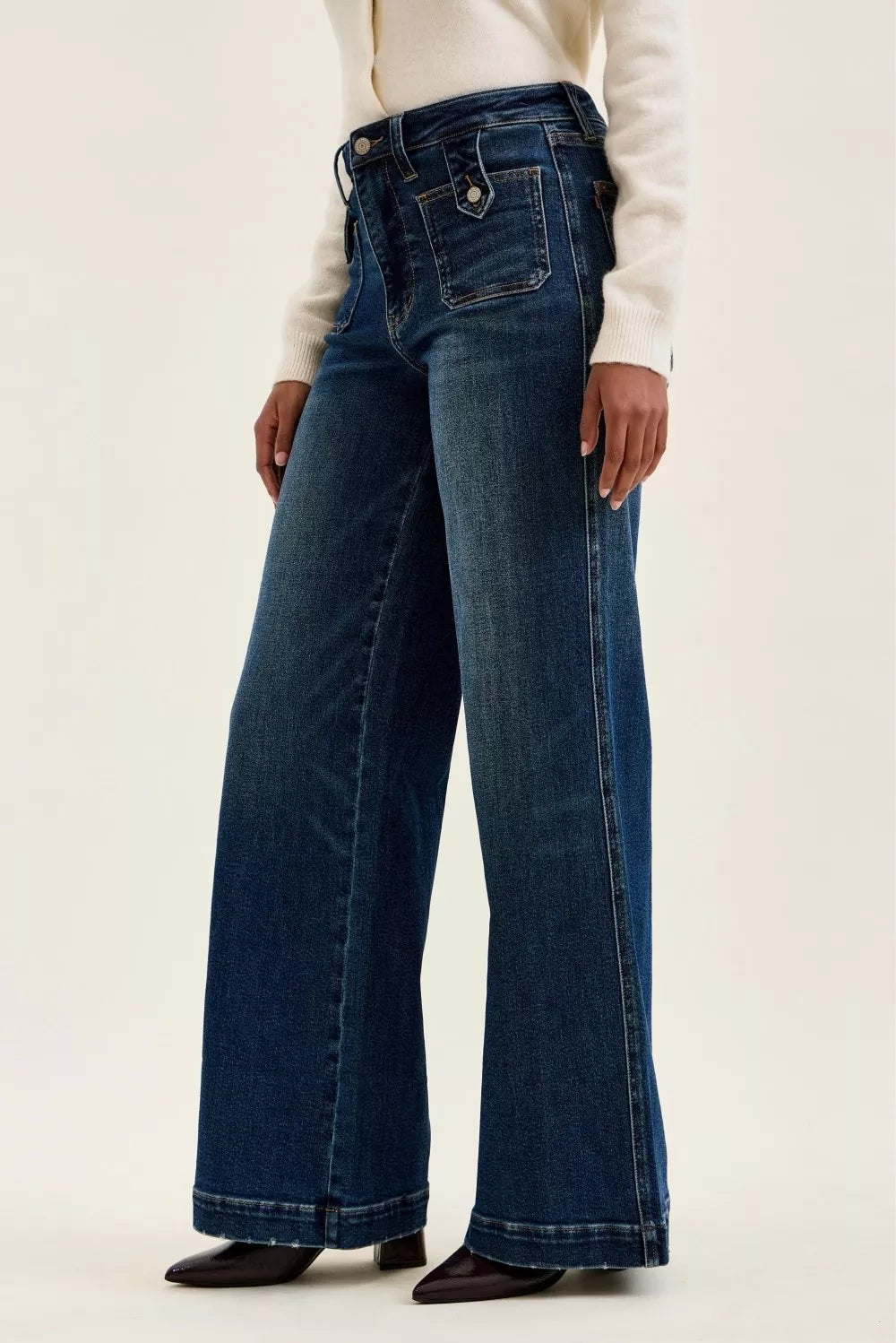 JUDY BLUE High Waist "lux" Retro Wide Jeans with Front Patch Tab Closure Dk Fade Indigo on Simply Obsessed