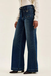 JUDY BLUE High Waist "lux" Retro Wide Jeans with Front Patch Tab Closure Dk Fade Indigo on Simply Obsessed