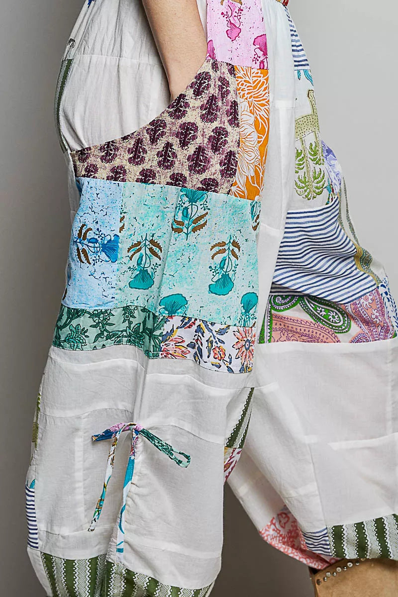 POL Printed Patchwork Wide Leg Pants with Adjustable Side Drawstring on Simply Obsessed
