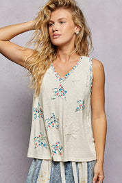 POL Floral Print Star Patch V-Neck Ribbed Tank on Simply Obsessed