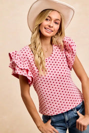 BiBi Heart Patterned Knit Ruffled Sleeves Top on Simply Obsessed