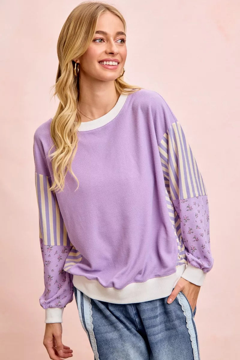 BiBi Mix and Match Sweatshirt with Floral Sleeve Striped on Simply Obsessed