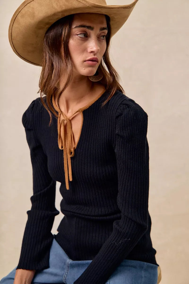 BiBi Ribbed Contrast Front Tied Top with Shrried on Simply Obsessed