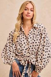 BIBI Polka Dot Print Tie Hem Detail Crop Shirt on Simply Obsessed