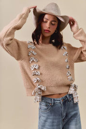 SO ME Checkered Plaid Tape Lace Up Ribbed Sweater on Simply Obsessed