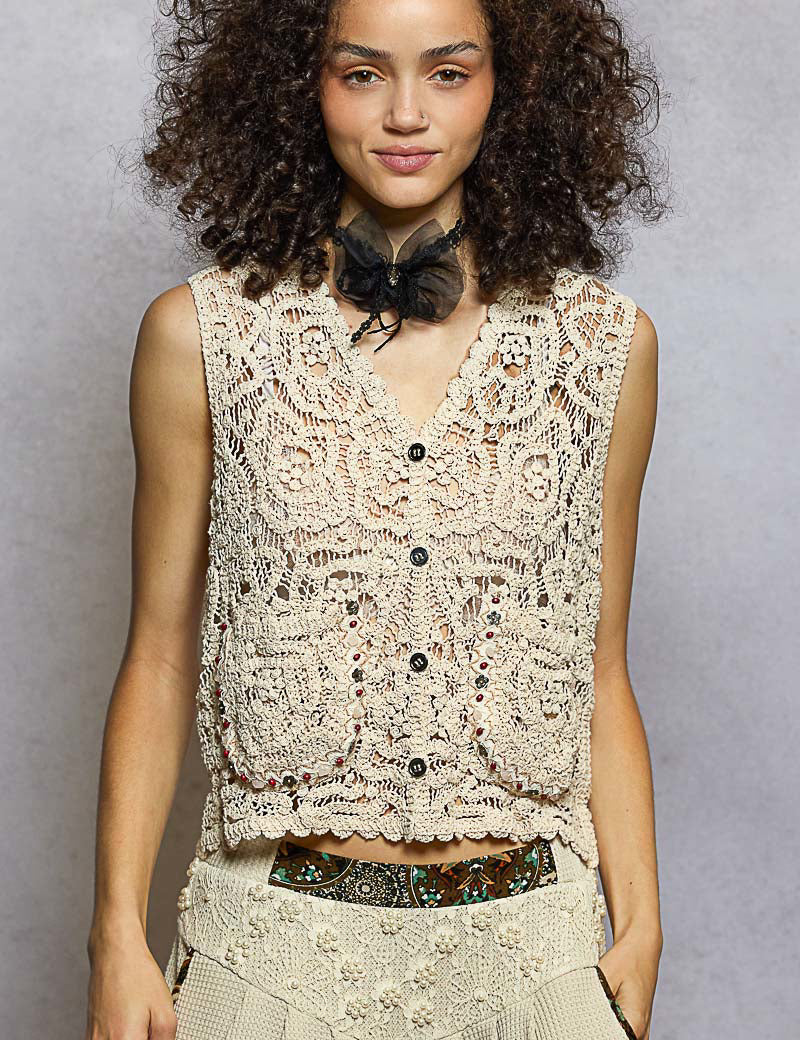 POL Button Down Cropped Crochet Vest with Scalloped Edge on Simply Obsessed