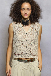 POL Button Down Cropped Crochet Vest with Scalloped Edge on Simply Obsessed