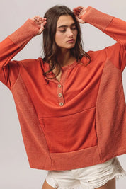 BiBi French Terry Knit Side Block Buttoned Henley Top on Simply Obsessed