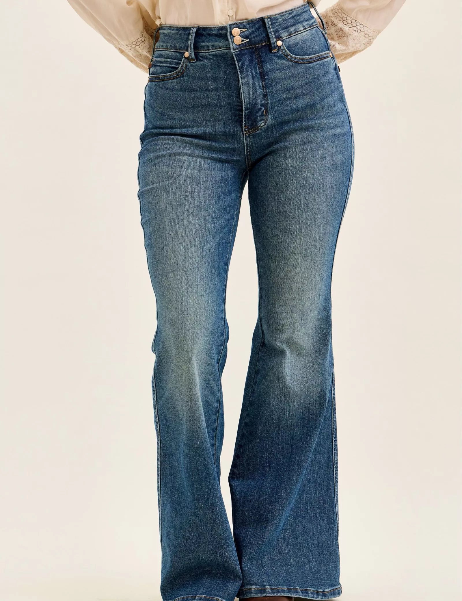 JUDY BLUE High Waist Double Button Tummy Control Flare Jeans on Simply Obsessed