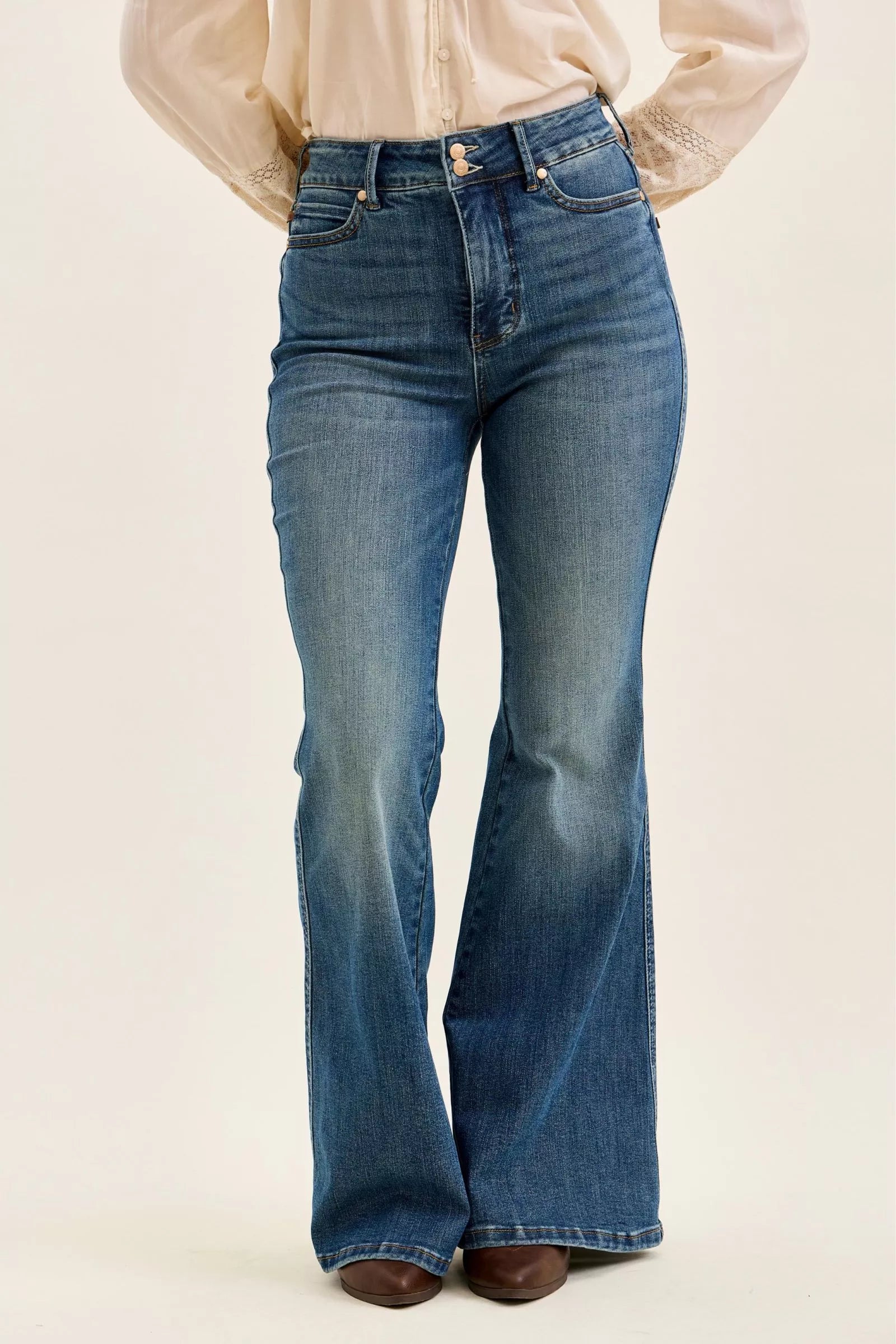 JUDY BLUE High Waist Double Button Tummy Control Flare Jeans on Simply Obsessed