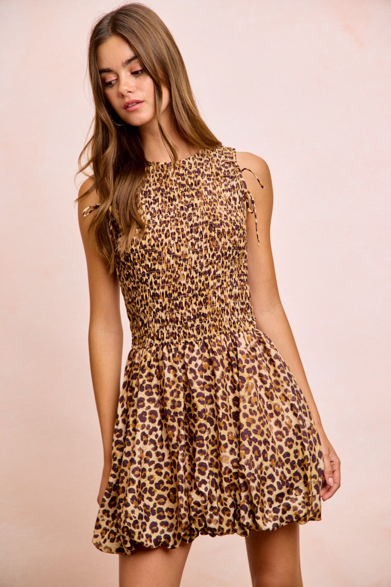 BIBI Leopard Bow Tie Attachable Puff Sleeves Dress on Simply Obsessed