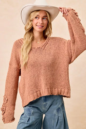 BiBi Chunky Knit Sweater with Flower Detail Sleeves on Simply Obsessed