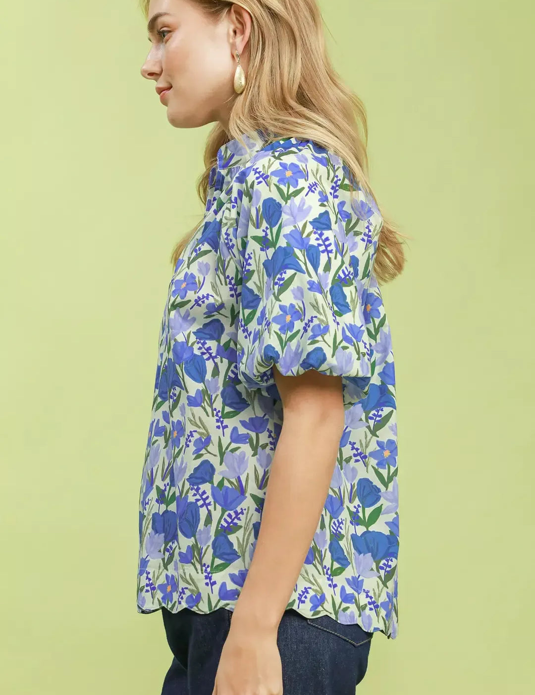 UMGEE Floral Puff Sleeve Blouse with Scalloped Details on Simply Obsessed