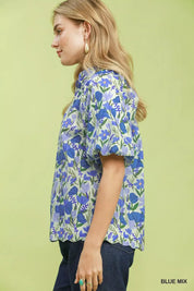UMGEE Floral Puff Sleeve Blouse with Scalloped Details on Simply Obsessed