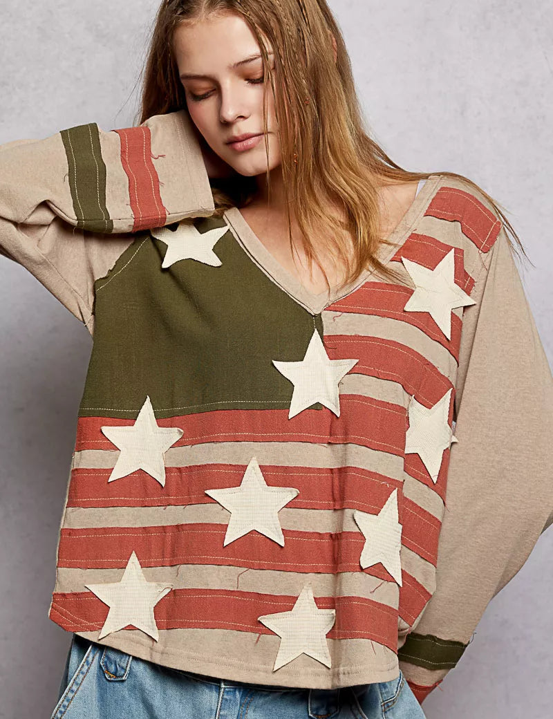POL Double Gauze American Flag Patch V-Neck Long Sleeve T-Shirt on Simply Obsessed