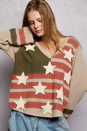 POL Double Gauze American Flag Patch V-Neck Long Sleeve T-Shirt on Simply Obsessed