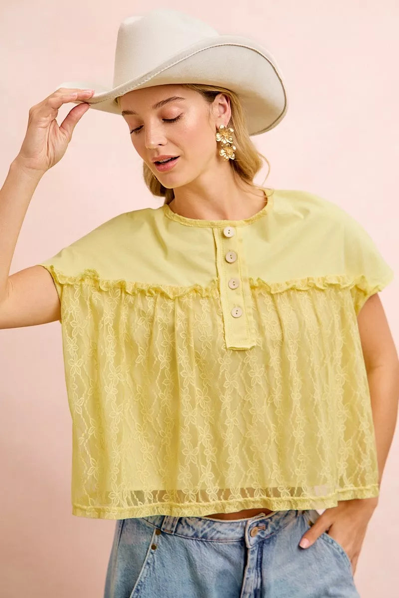 BIBI Solid Jersey With Lace Combo Ruffled Buttoned Top on Simply Obsessed