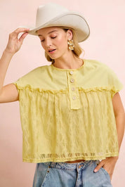 BIBI Solid Jersey With Lace Combo Ruffled Buttoned Top on Simply Obsessed