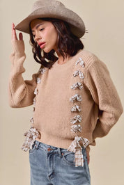 SO ME Checkered Plaid Tape Lace Up Ribbed Sweater on Simply Obsessed
