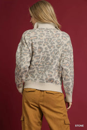 Umgee Leopard Print Quarter-Zip Knit Sweater on Simply Obsessed