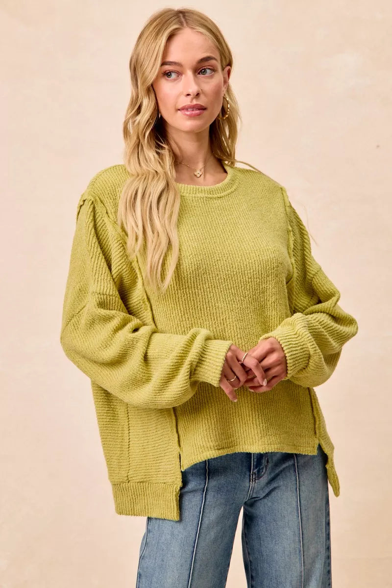 BIBI Boucle Rib Knit Uneven Hem Sweater With Open Seam on Simply Obsessed